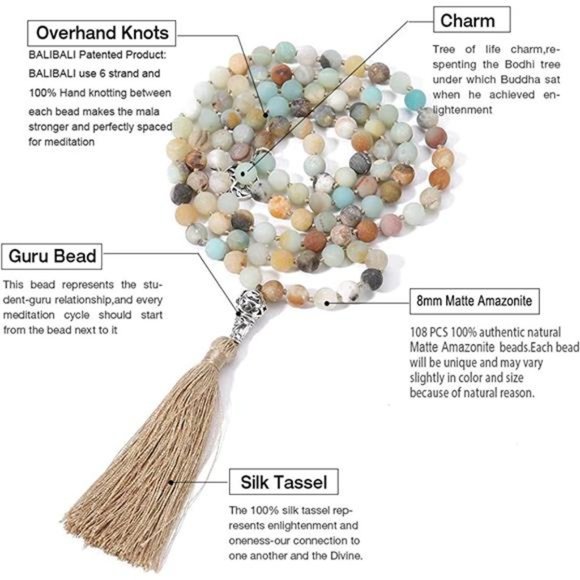 108 Mala Beads Necklace with Gem Stones & Tree of Life Pendant - Picture 4 of 5